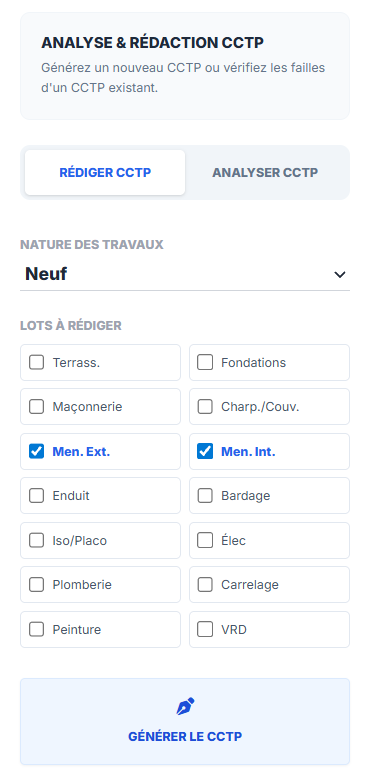 Sélection des lots pour la rédaction automatique du CCTP dans Klysia