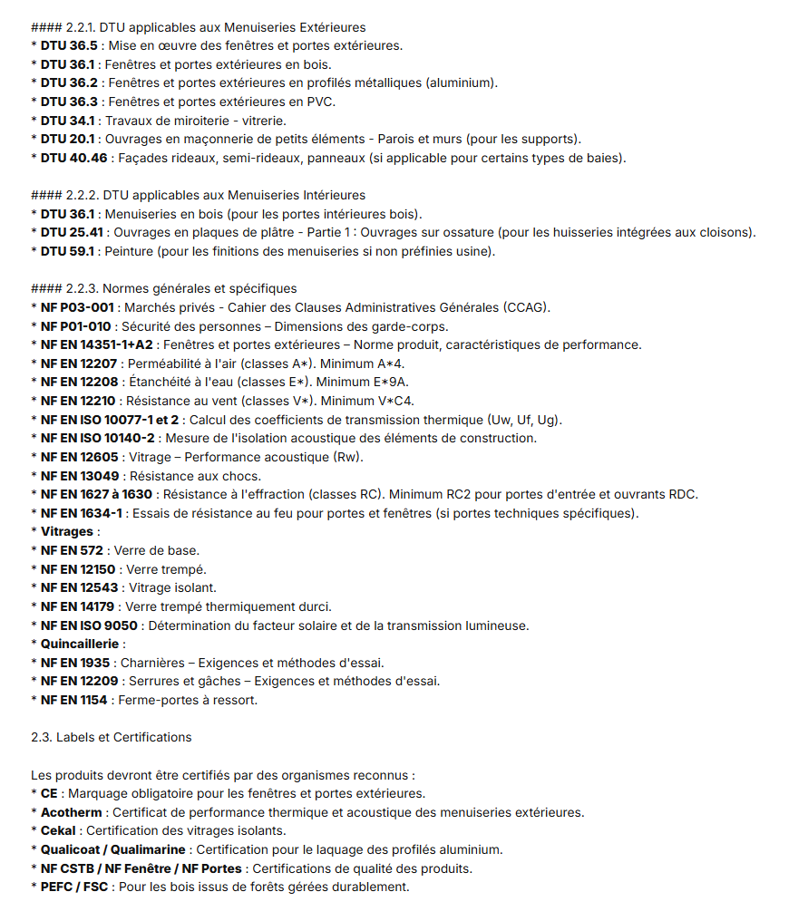 Aperçu du document CCTP exporté avec listes des normes et DTU intégrés