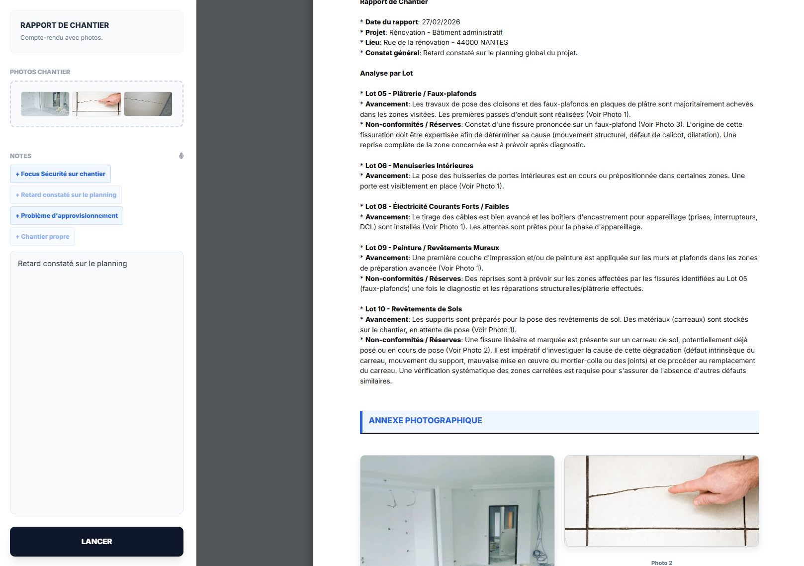Rapport de visite de chantier généré en PDF avec photos et annotations