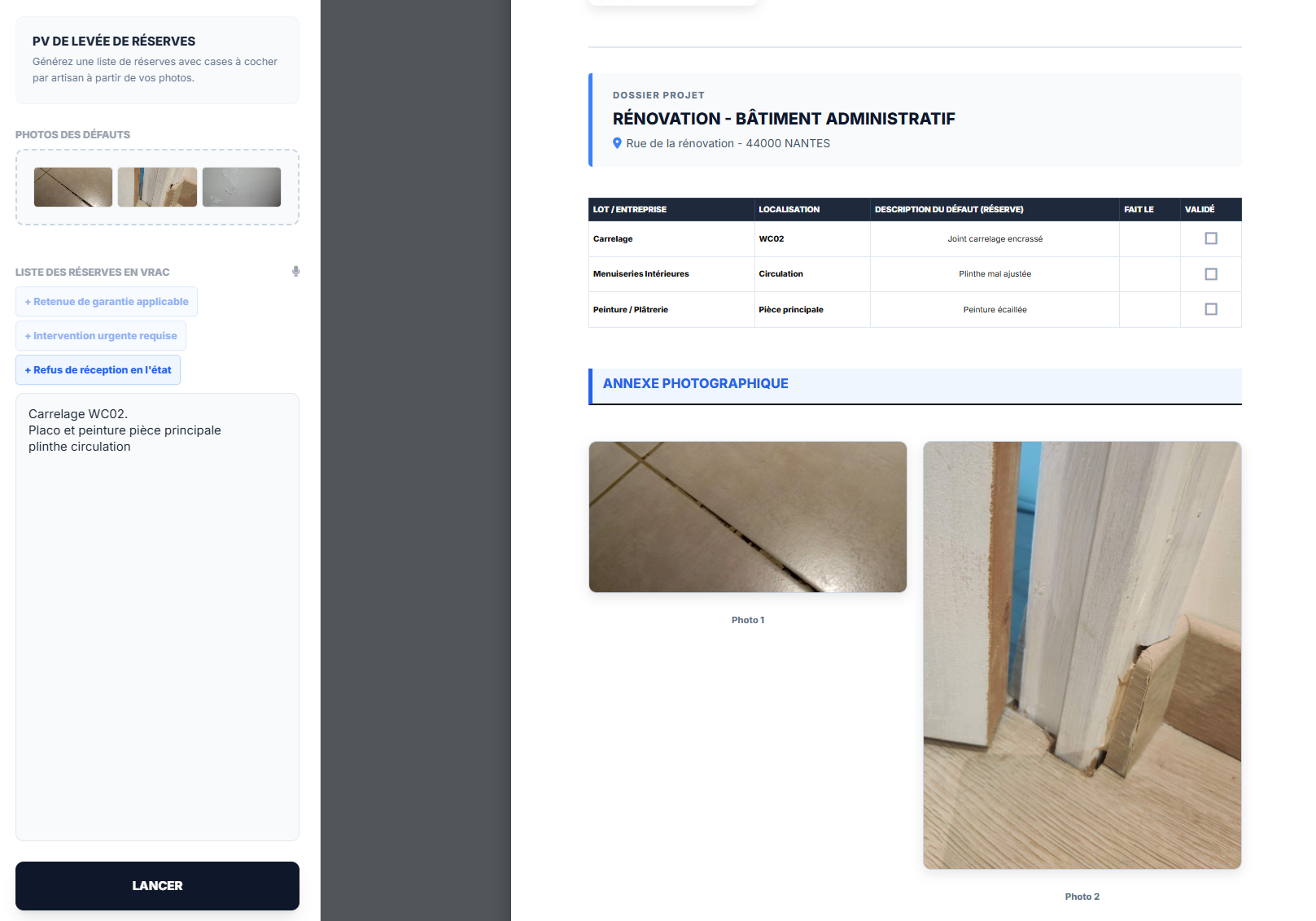 Rapport PDF de levée de réserves trié par lot et par entreprise