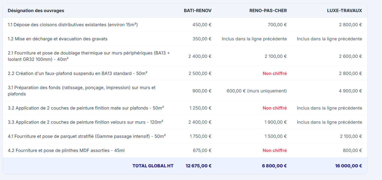 Tableau de comparaison des offres et DPGF généré par l'IA